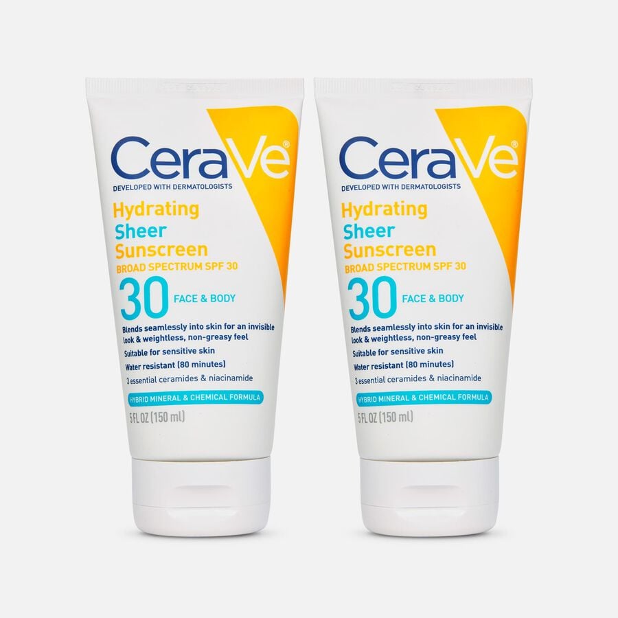 CeraVe Hydrating Sheer Face & Body Sunscreen Lotion, SPF 30, 5 fl oz. (2-Pack), , large image number 0