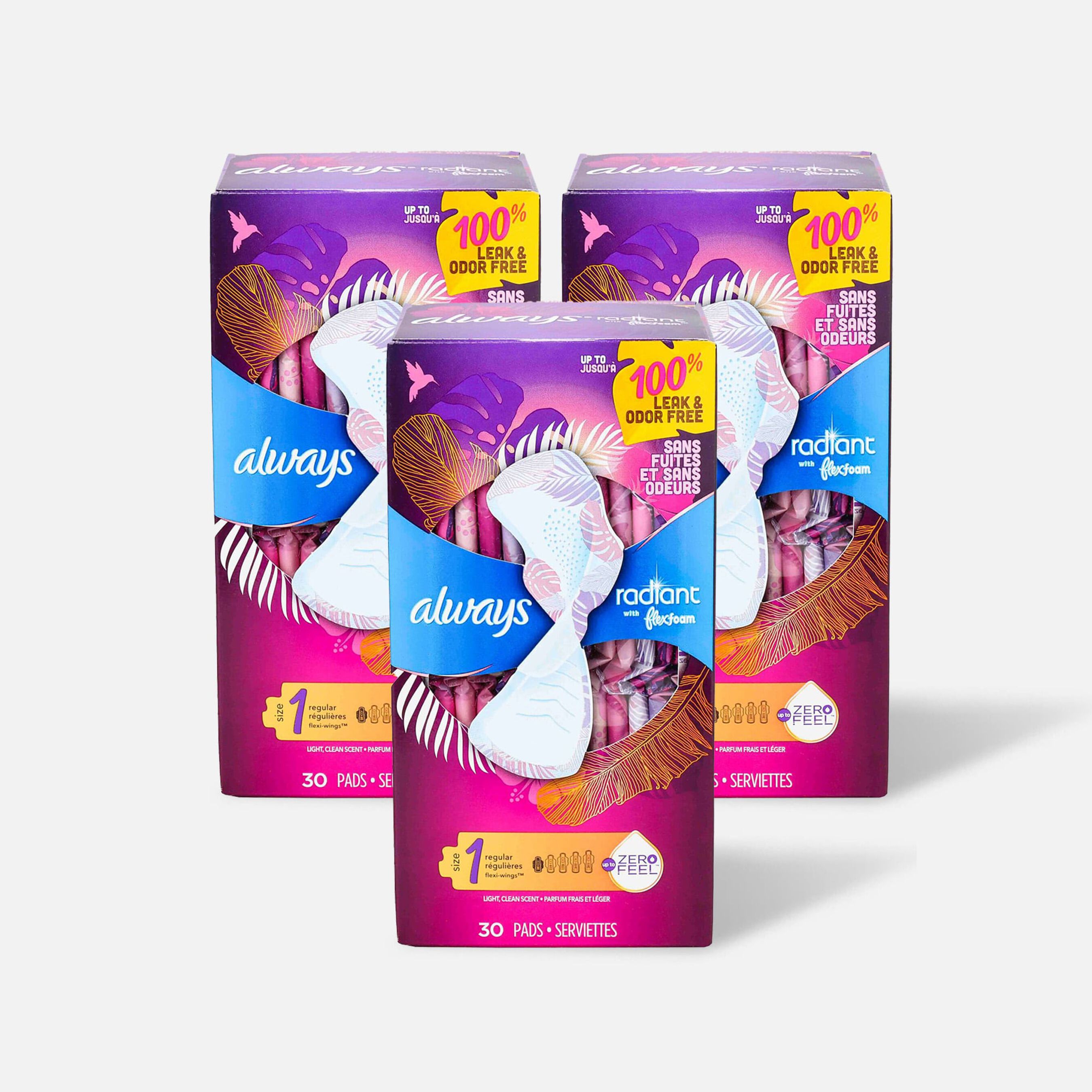 FSA Eligible Always Radiant FlexFoam Pads for Women Size 1, Regular Absorbency, with Wings