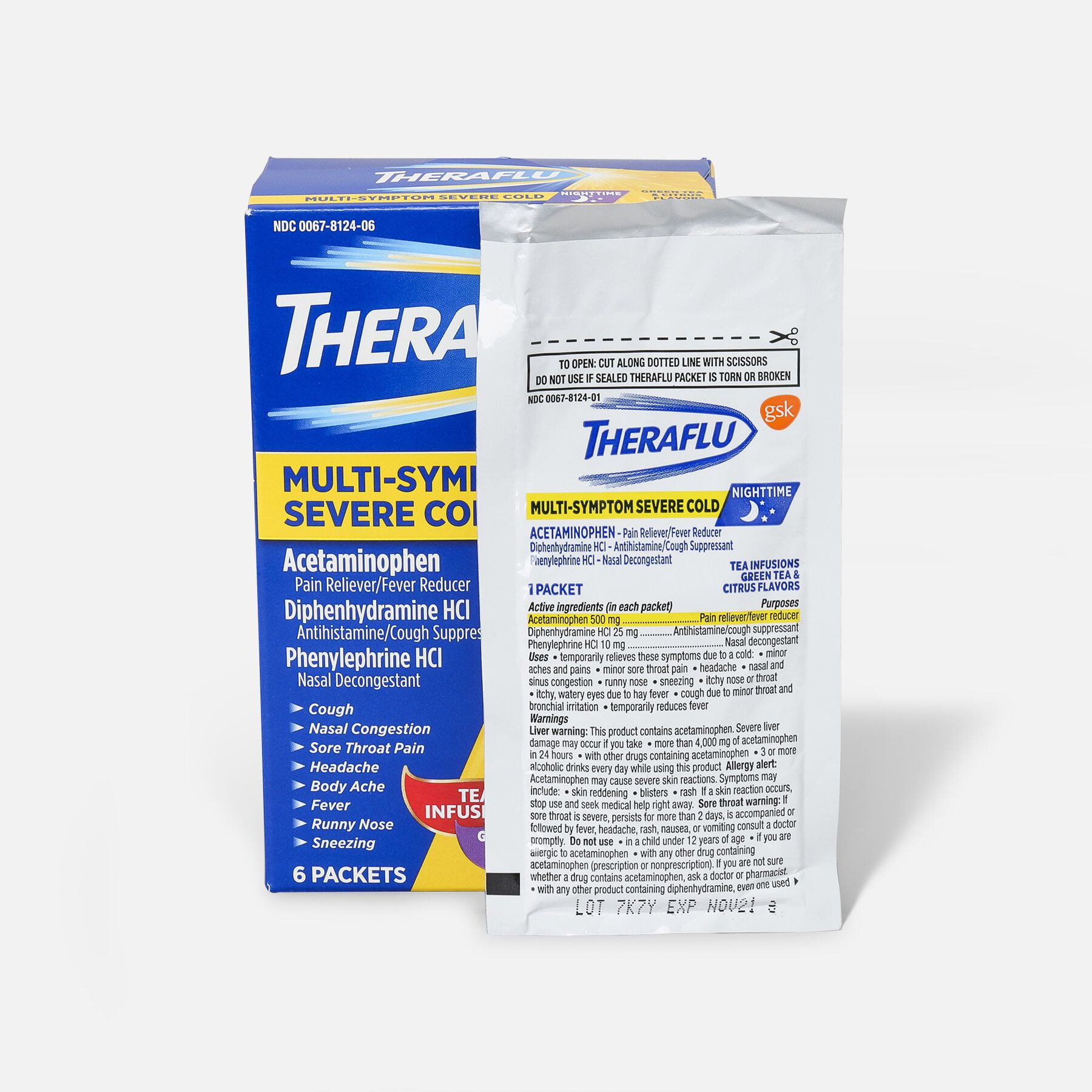 Theraflu Nighttime MultiSymptom Severe Cold Hot Liquid Powder, Green