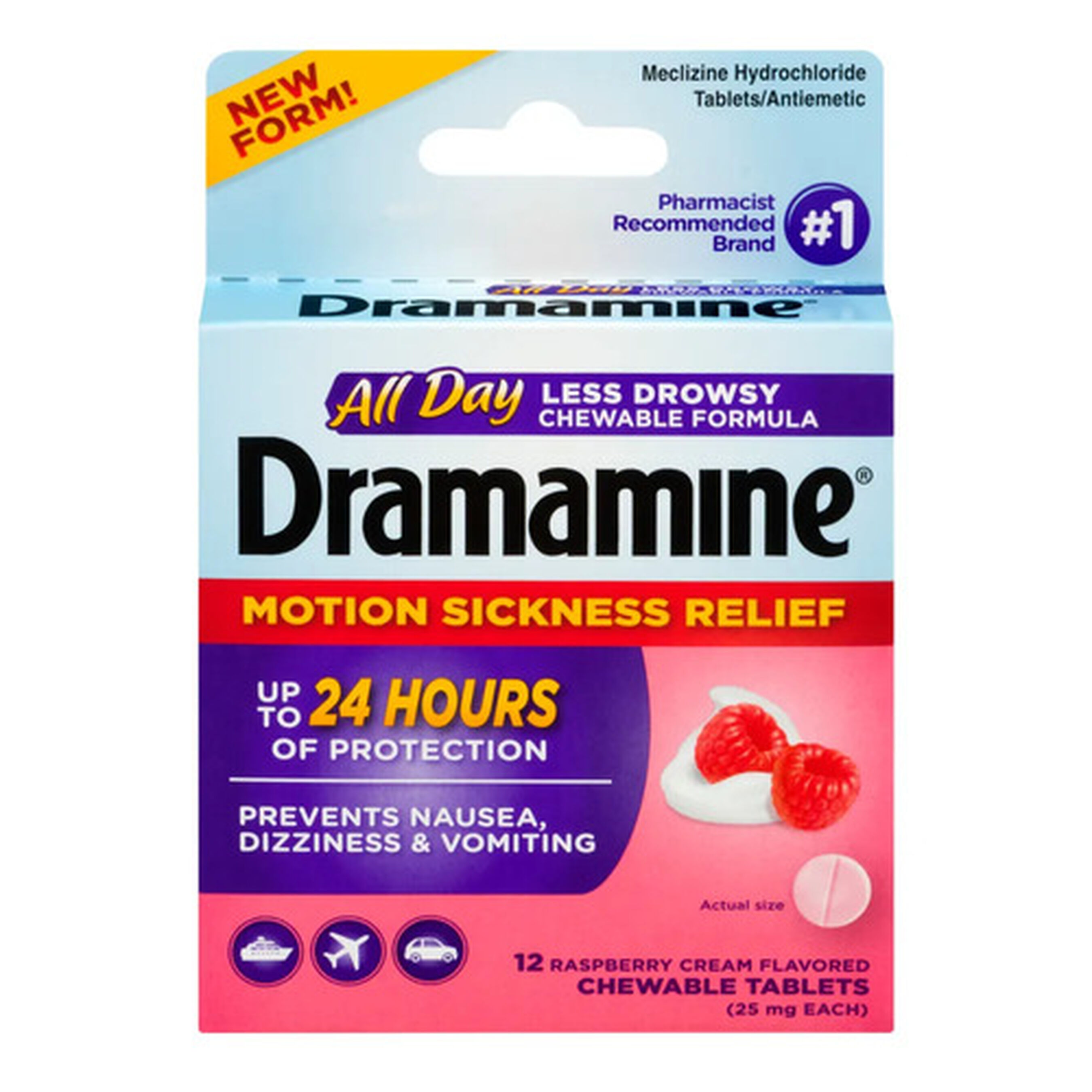 Dramamine Motion Sickness Relief All Day Chewable Tablets, Raspberry