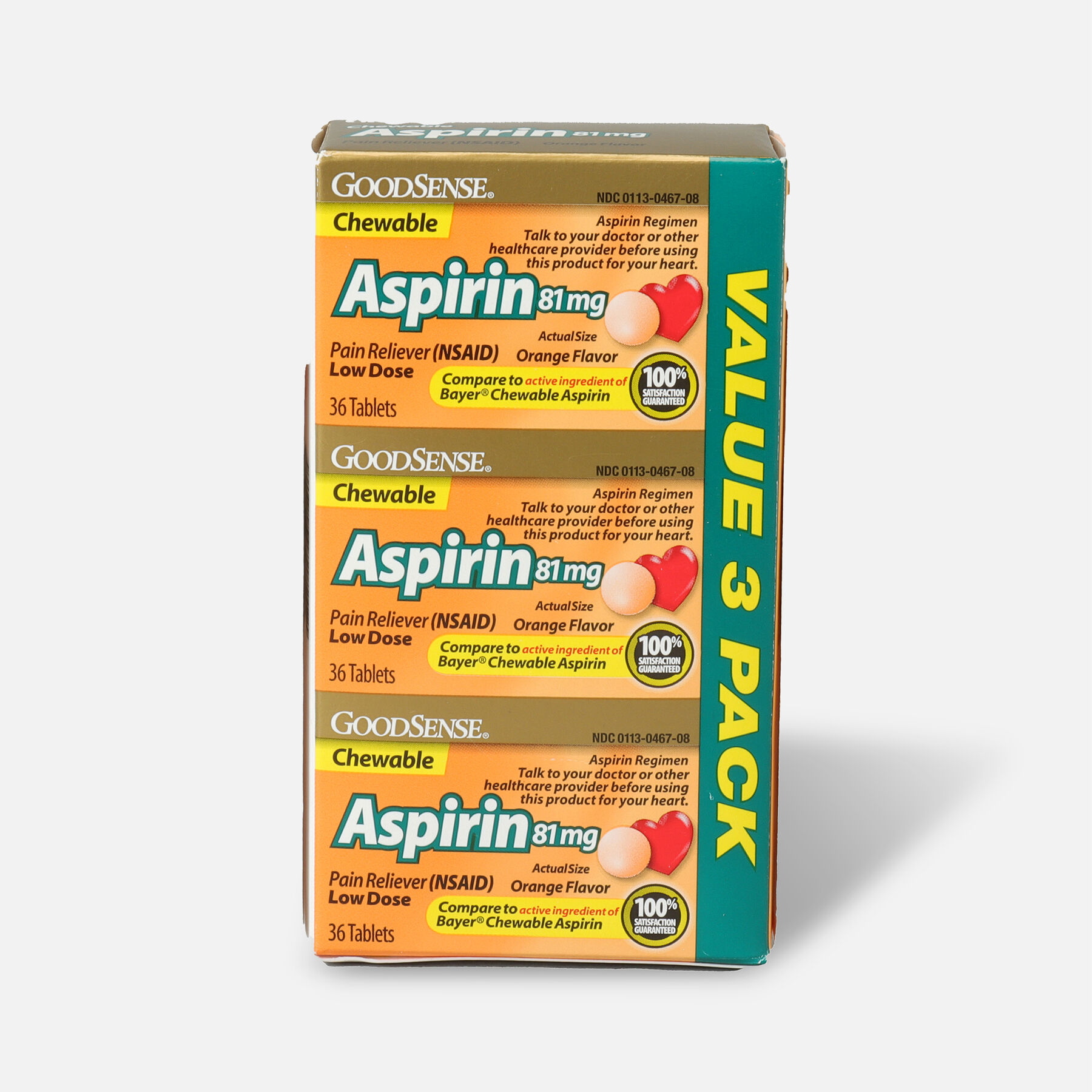 GoodSense® Aspirin 81 mg Low Dose Chewable Tablets, 3/36 ct