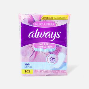 Always Thin No Feel Protection Daily Liners Regular Absorbency Unscented, 162 ct.