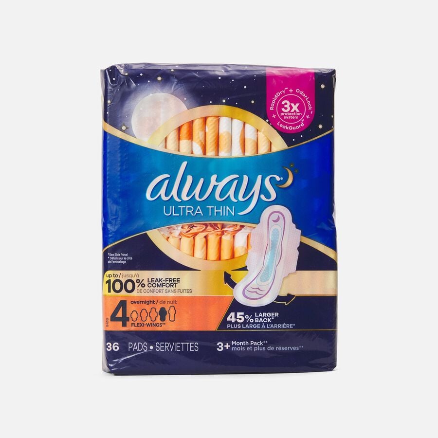 Always Ultra Thin Pads Overnight Absorbency Unscented with Wings, Size 4, 36 ct., , large image number 0
