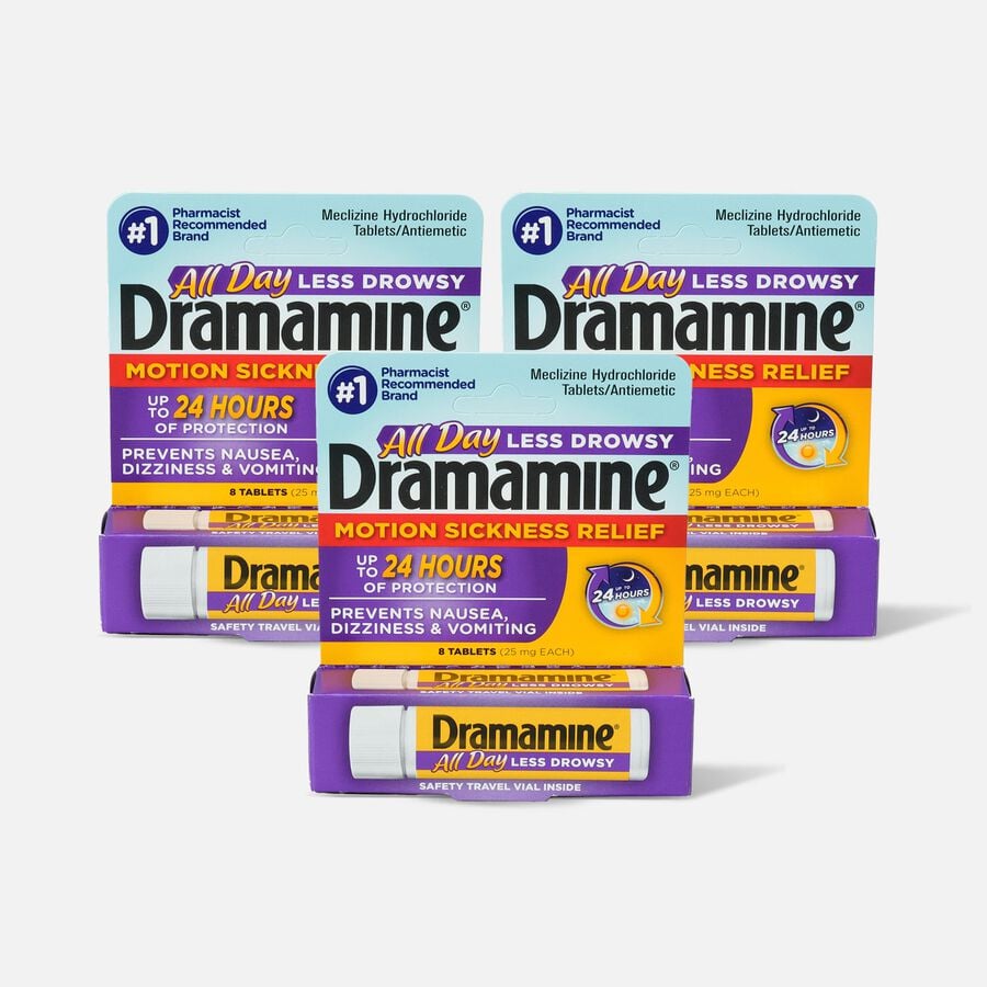 Dramamine Motion Sickness Relief Tablets, Less Drowsy Formula, 8 ct. (3Pack)
