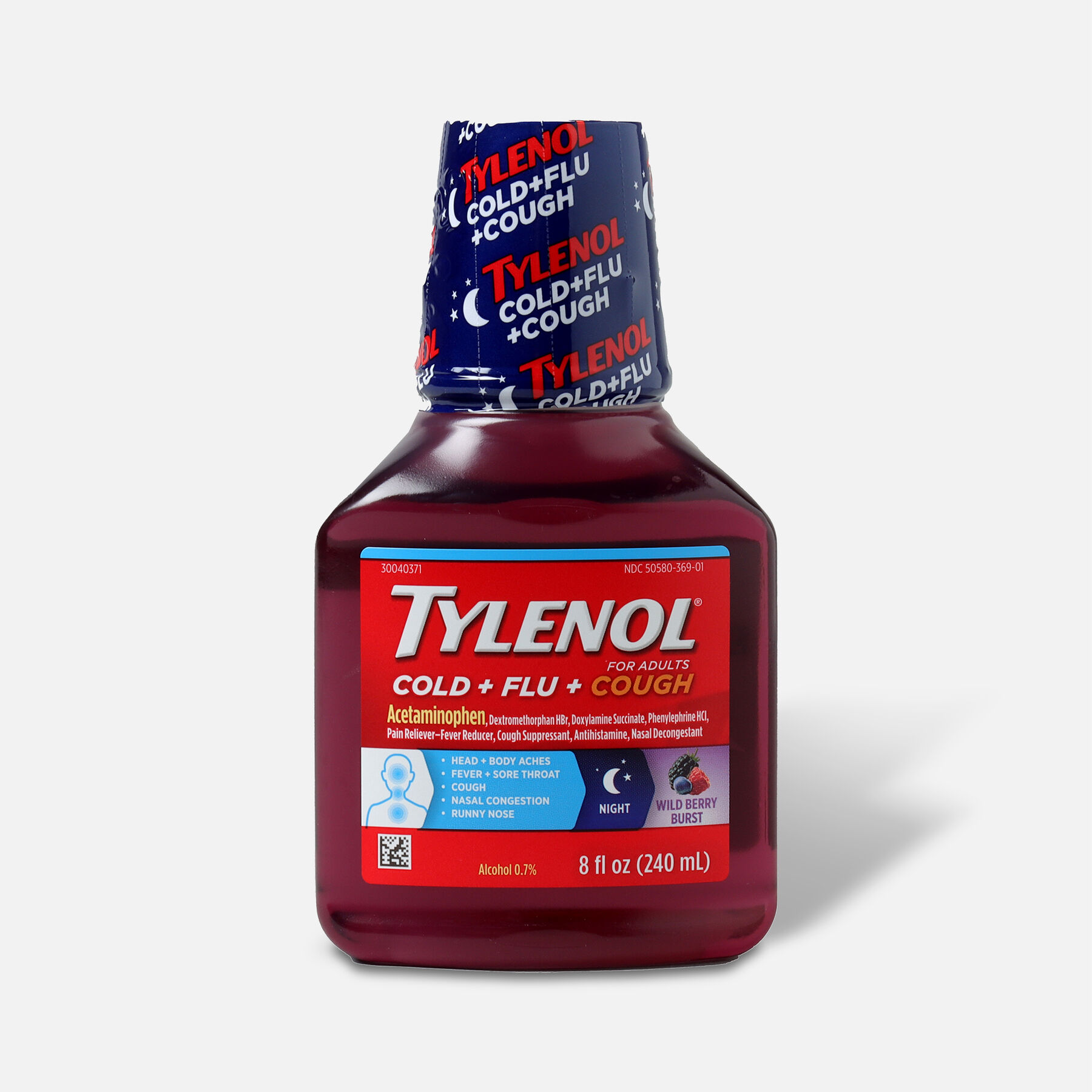 Tylenol Cold + Flu+ Cough Night Wild Berry Liquid 8 fl oz