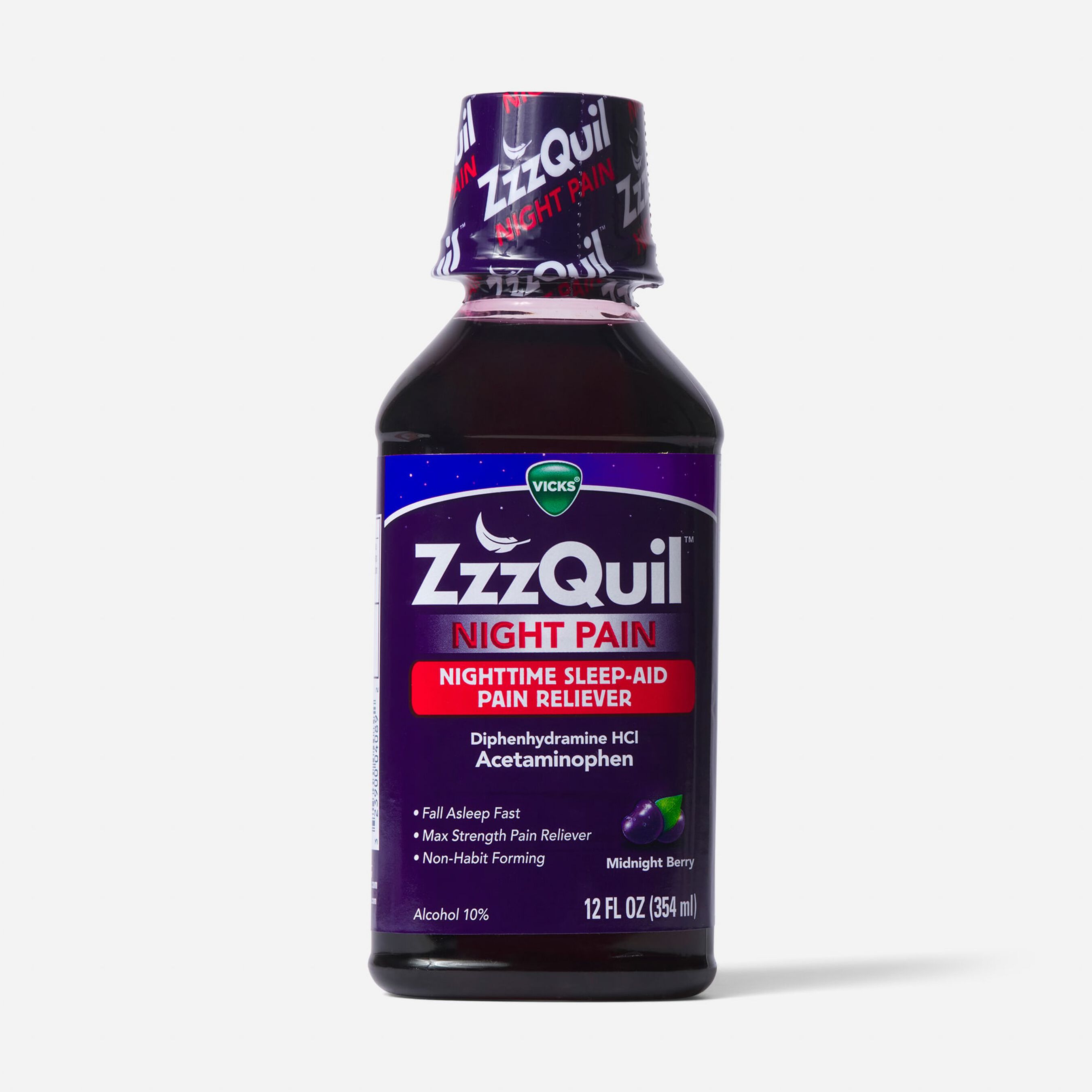 Vicks ZzzQuil Night Pain and Sleep Aid, Warm Berry, 12 oz.