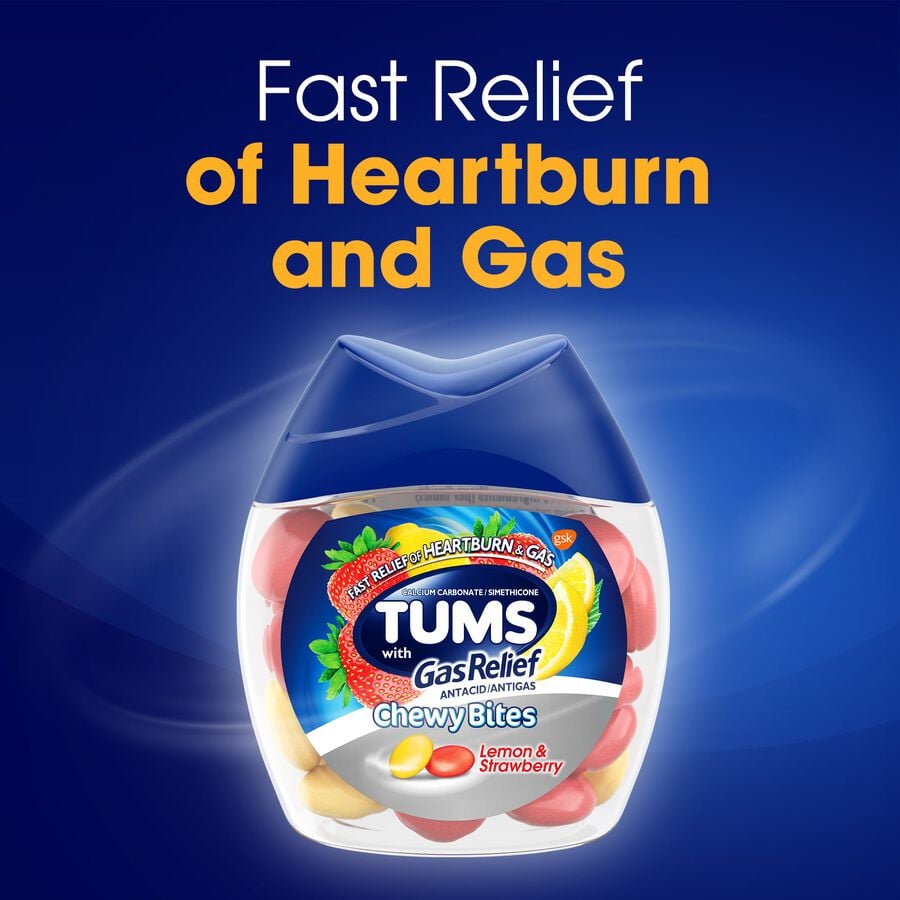 TUMS Chewy Bites Chewable Antacid Tablets with Gas Relief, Lemon & Strawberry, 54 ct., , large image number 2