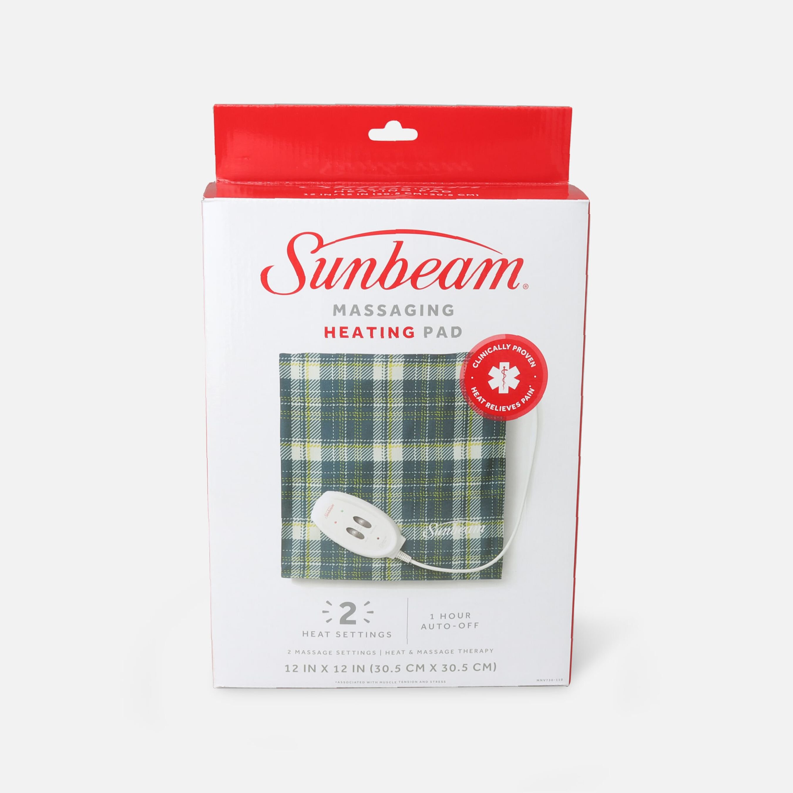 Sunbeam Massaging Heating Pad, Plaid Cover, 2 Heat Settings
