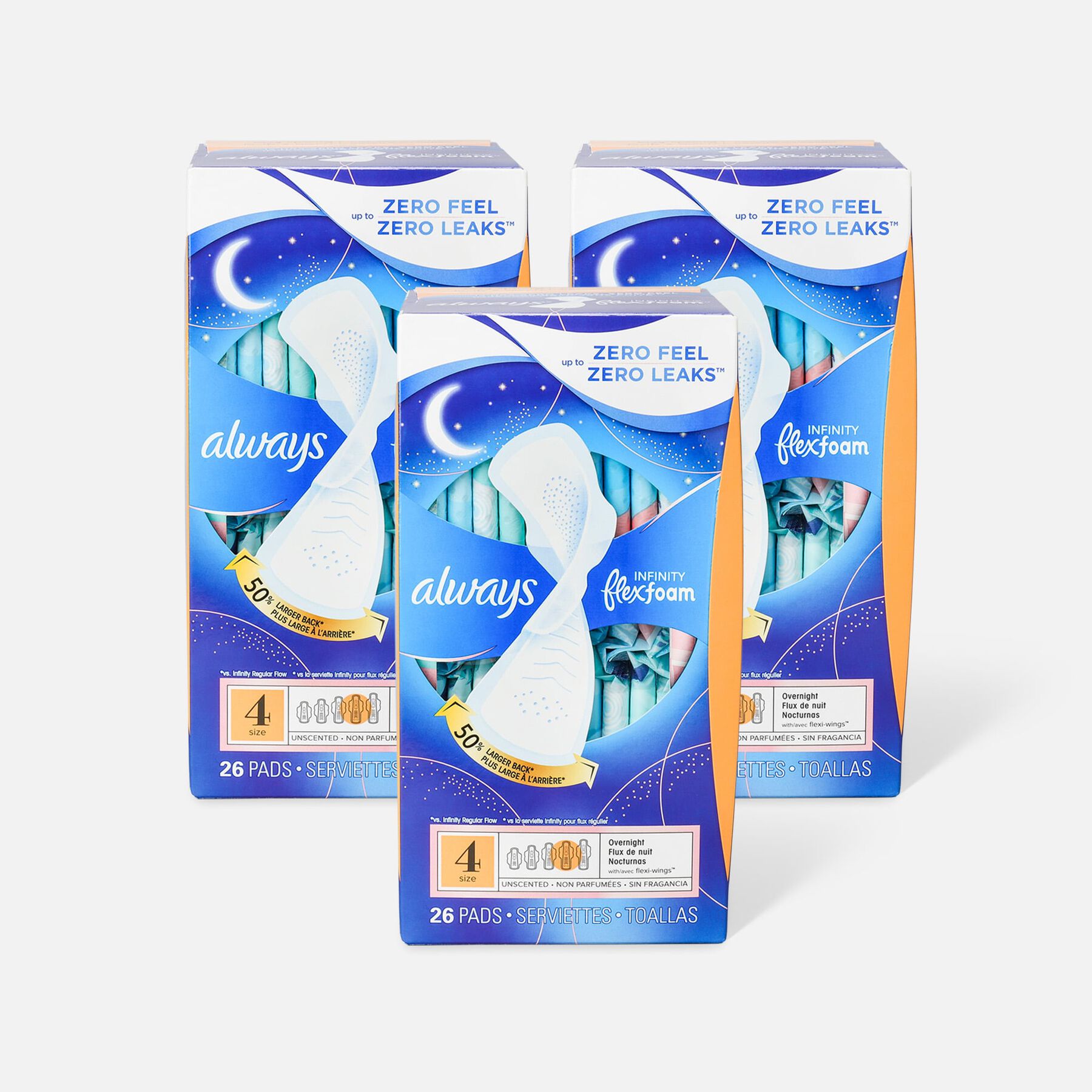 FSA Eligible Always Infinity FlexFoam Pads for Women Size 4 Overnight Absorbency, with Wings