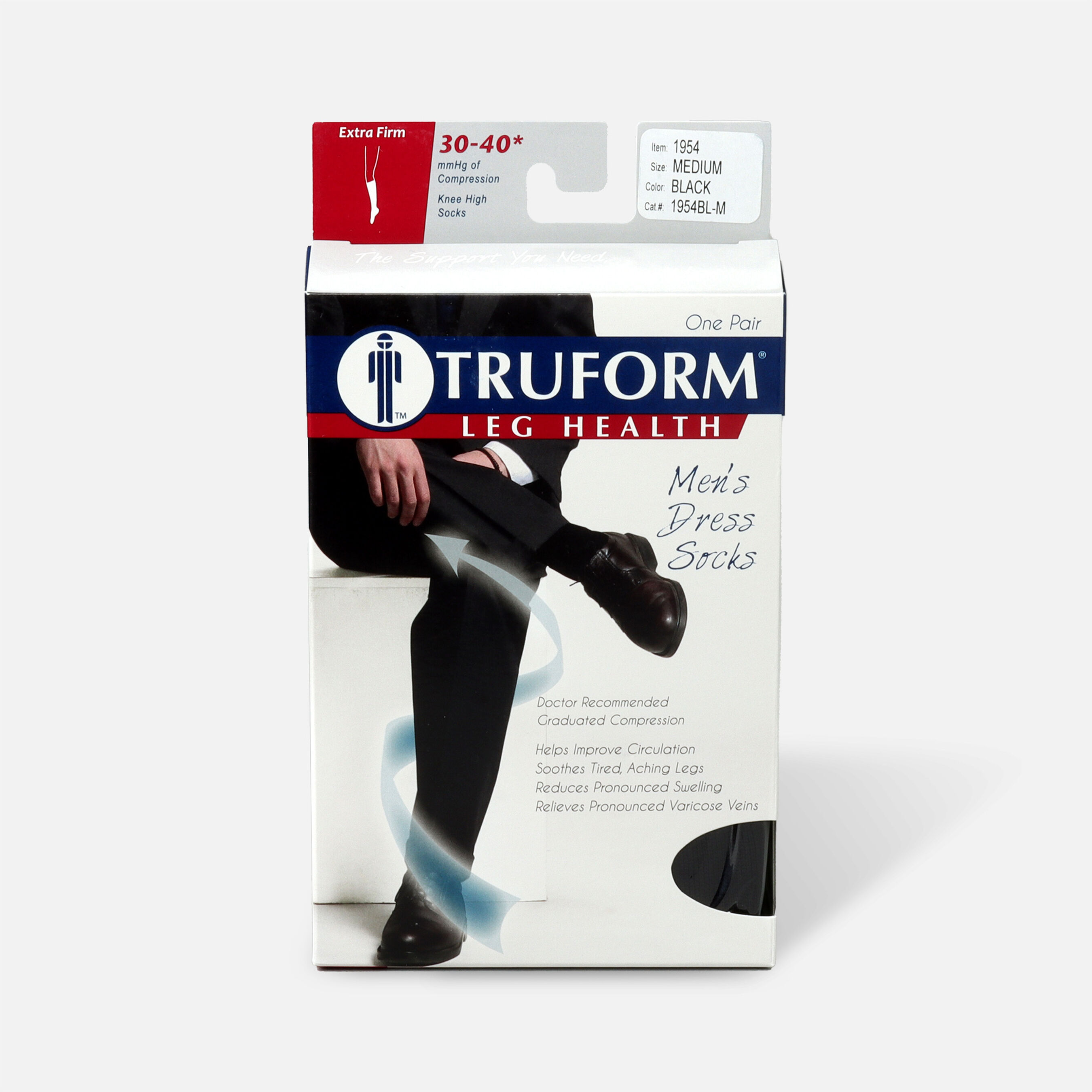 Truform Men's Dress Knee High Support Sock, 30-40 mmHg, Closed Toe, Black