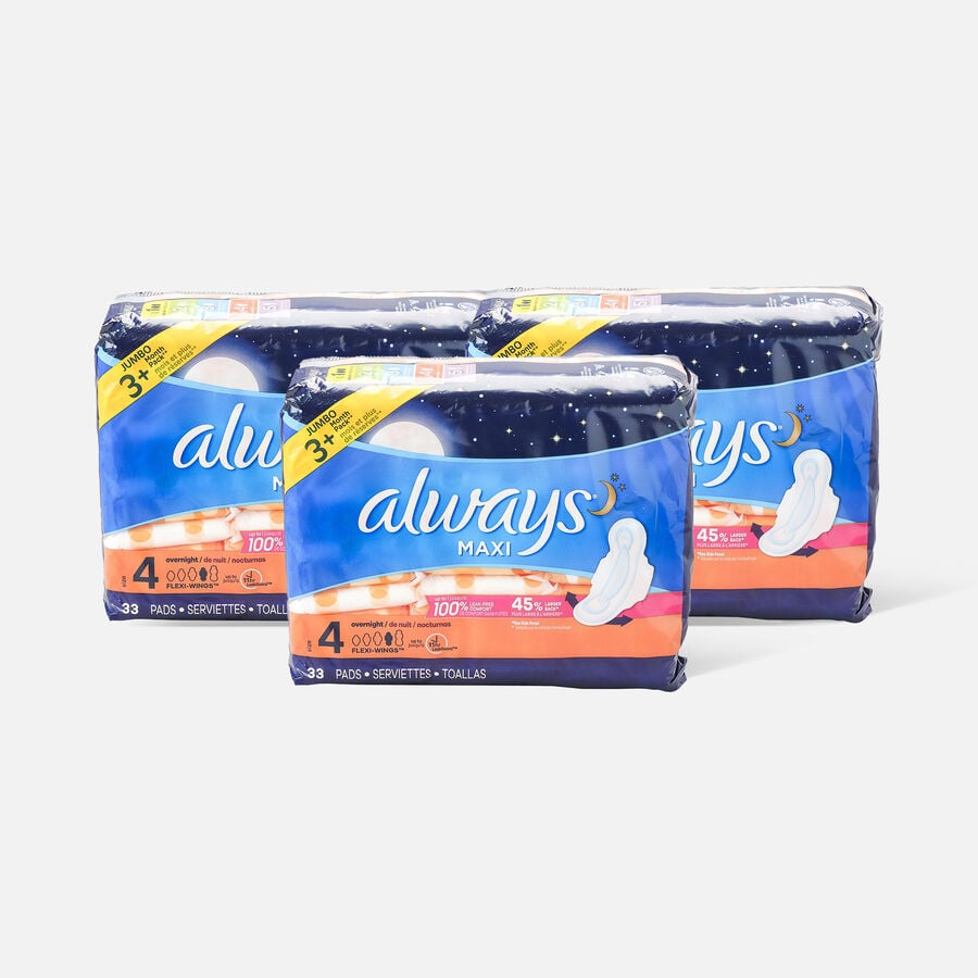 Always Maxi Pads Size 4 Overnight Absorbency Unscented with Wings, 33 ct. (3-Pack), , large image number 0