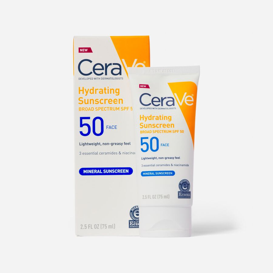 CeraVe Hydrating Mineral Face Sunscreen, SPF 50, 2.5 fl oz., , large image number 0