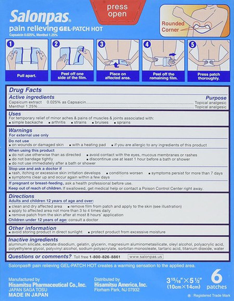 FSA Eligible Salonpas Hot Gel Patch, 6 ct. FSA Eligible