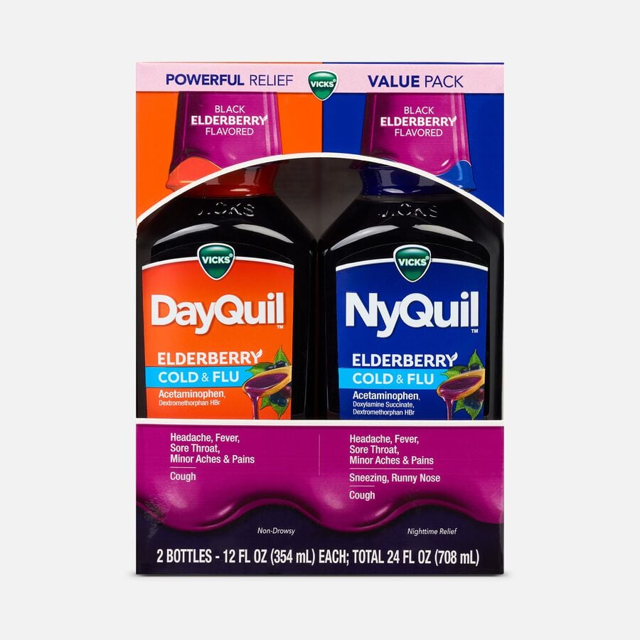 Vicks&reg; DayQuil&trade; & NyQuil&trade; Cold & Flu Combo-Pack, Elderberry, 12 fl oz., , large image number 0
