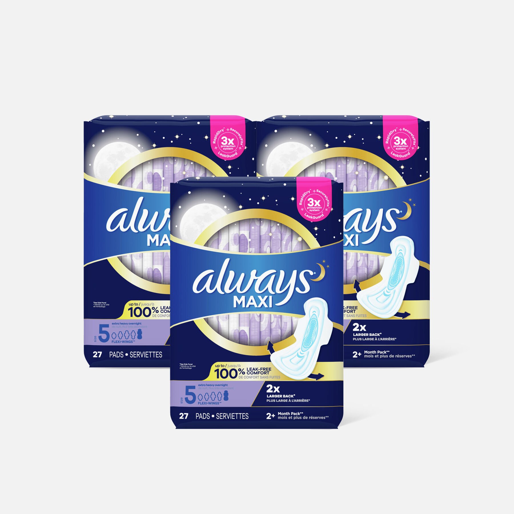 FSA Eligible Always Maxi Pads Size 5 Overnight Absorbency Unscented with Wings, 27 ct. (3Pack
