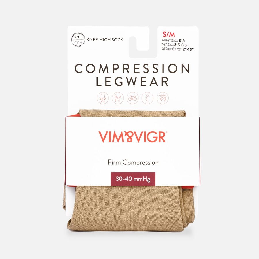 VIM & VIGR Solid Moisture-Wick Nylon Compression Socks, Cashew, S/M, 30-40 mmHg, , large image number 1