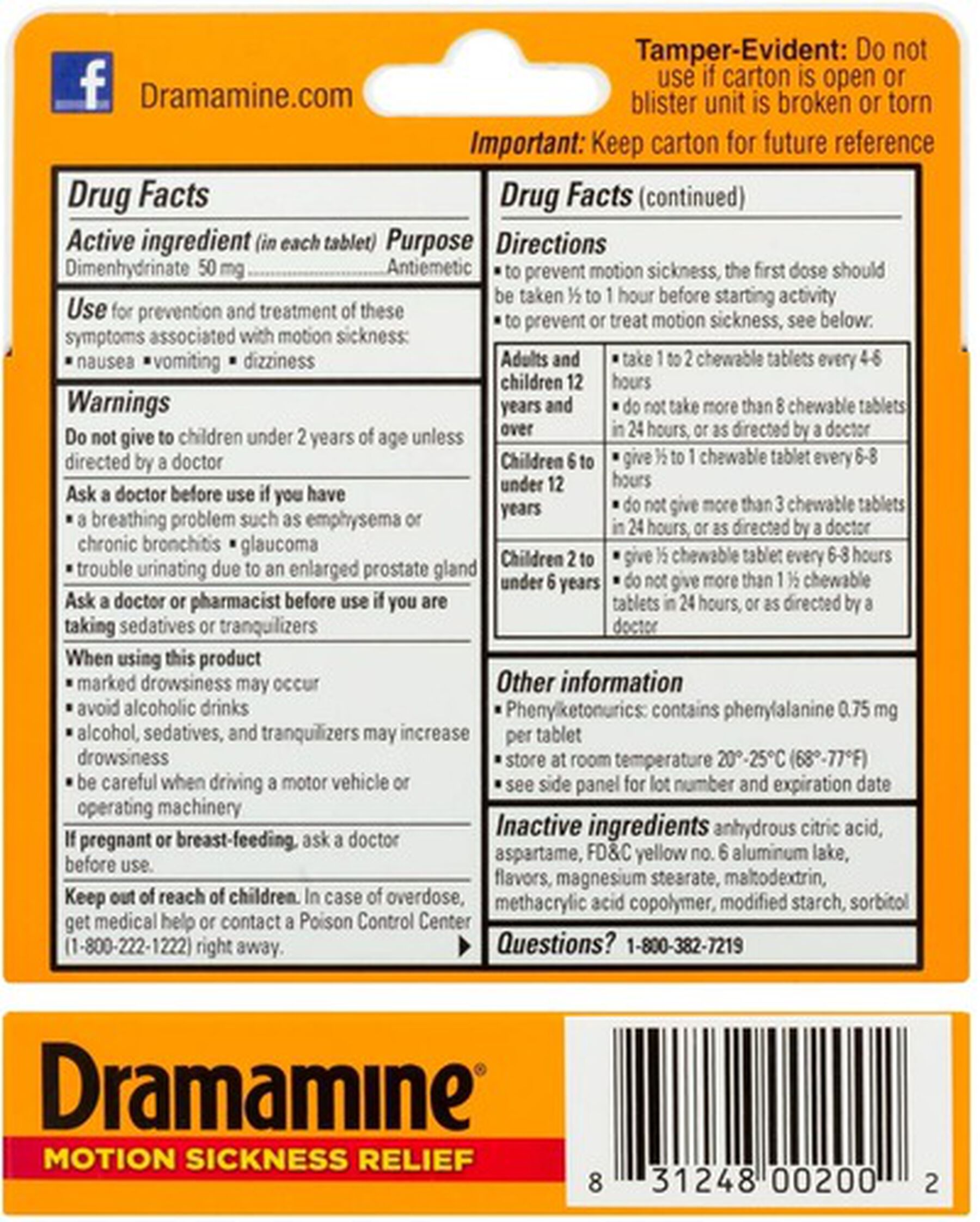 Dramamine Motion Sickness Relief Chewable Tablets, Orange Flavor, 8 ct