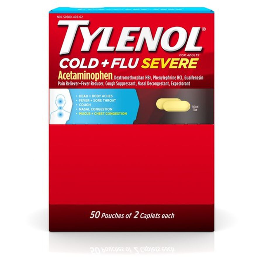 Tylenol Cold + Flu Severe Medicine Caplets, 50 pouches of 2 ct.