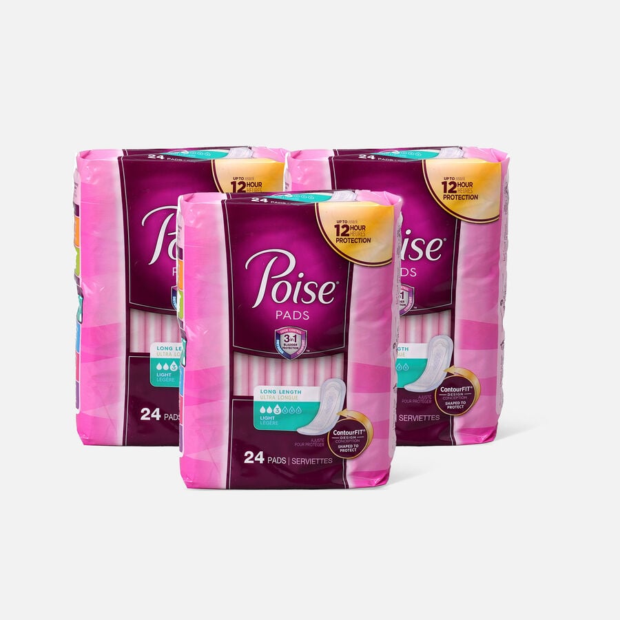 Poise Incontinence Pads, Ultra Thin Long 9.5" x 2.5", 24 ct. (3Pack)
