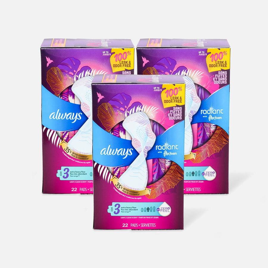 Always Radiant FlexFoam Pads for Women Size 3, Extra Heavy Flow Absorbency, with Wings, Scented, 22 ct. (3-Pack), , large image number 0