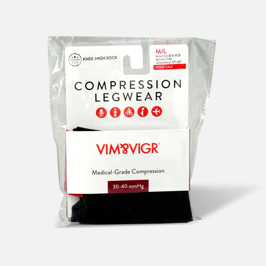 VIM & VIGR Moisture-Wick Nylon Compression Socks, Solid Black, Wide Calf, 30-40 mmHg, , large image number 4