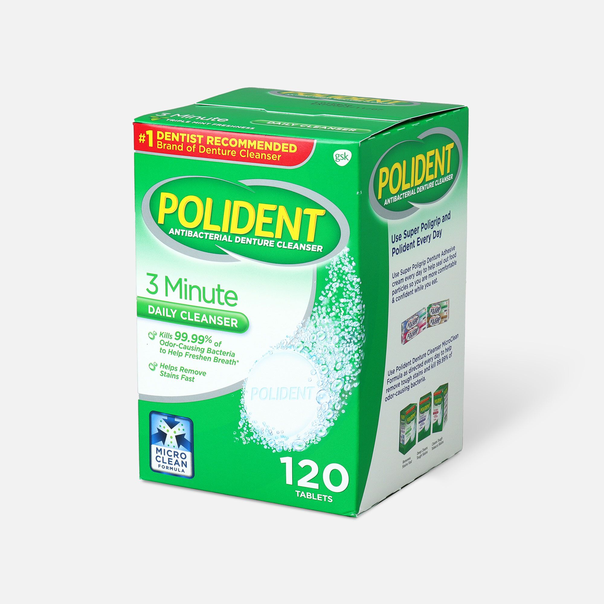 Polident 3 Minute Antibacterial Denture Cleanser Tablets - 120 Ct.