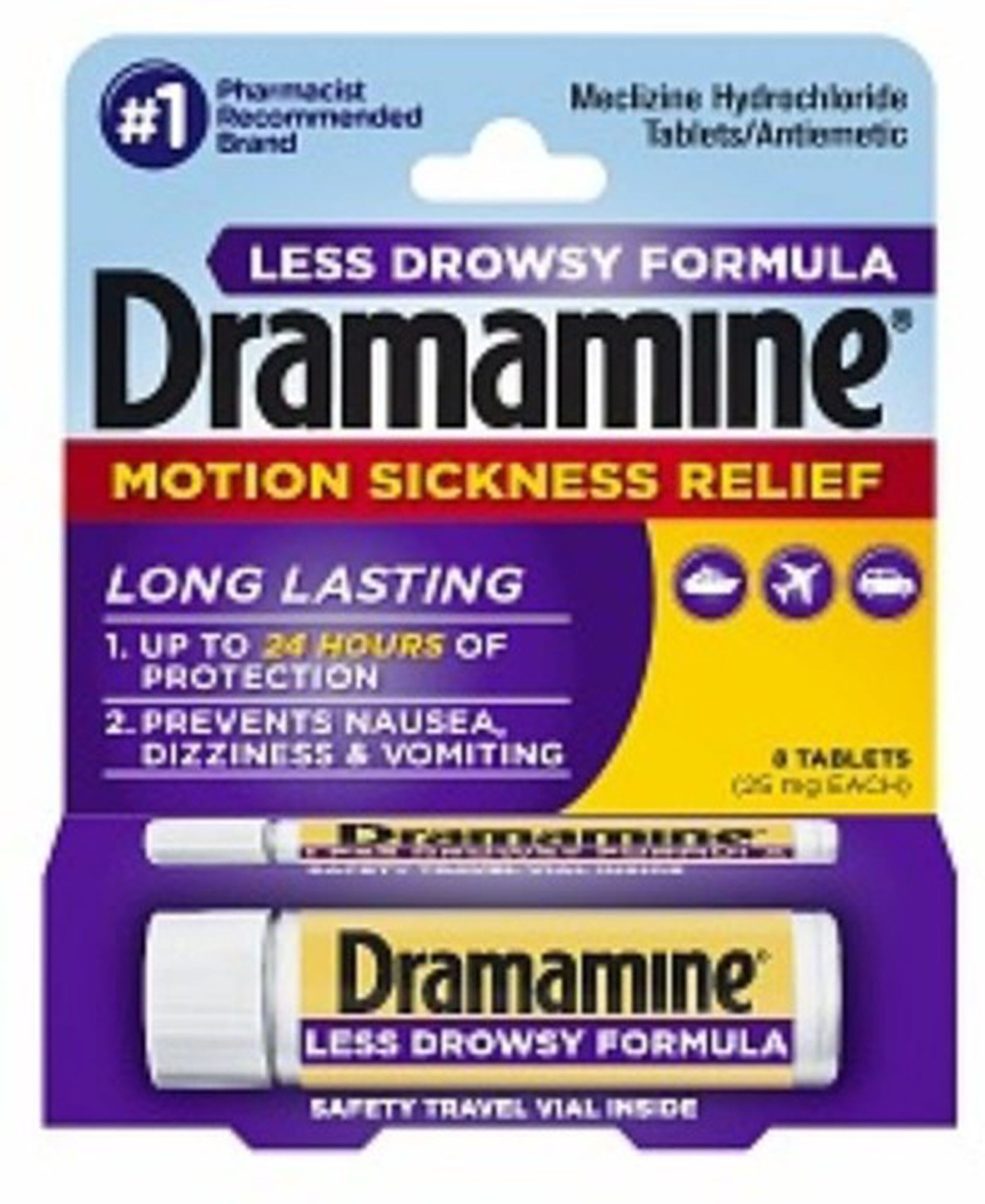 Dramamine Motion Sickness Relief Tablets, Less Drowsy Formula, 8 ct