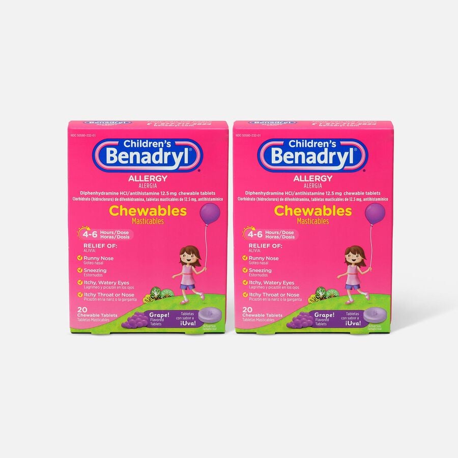 FSA Eligible Children's Benadryl Chewable Tablets, Grape Flavored, 20
