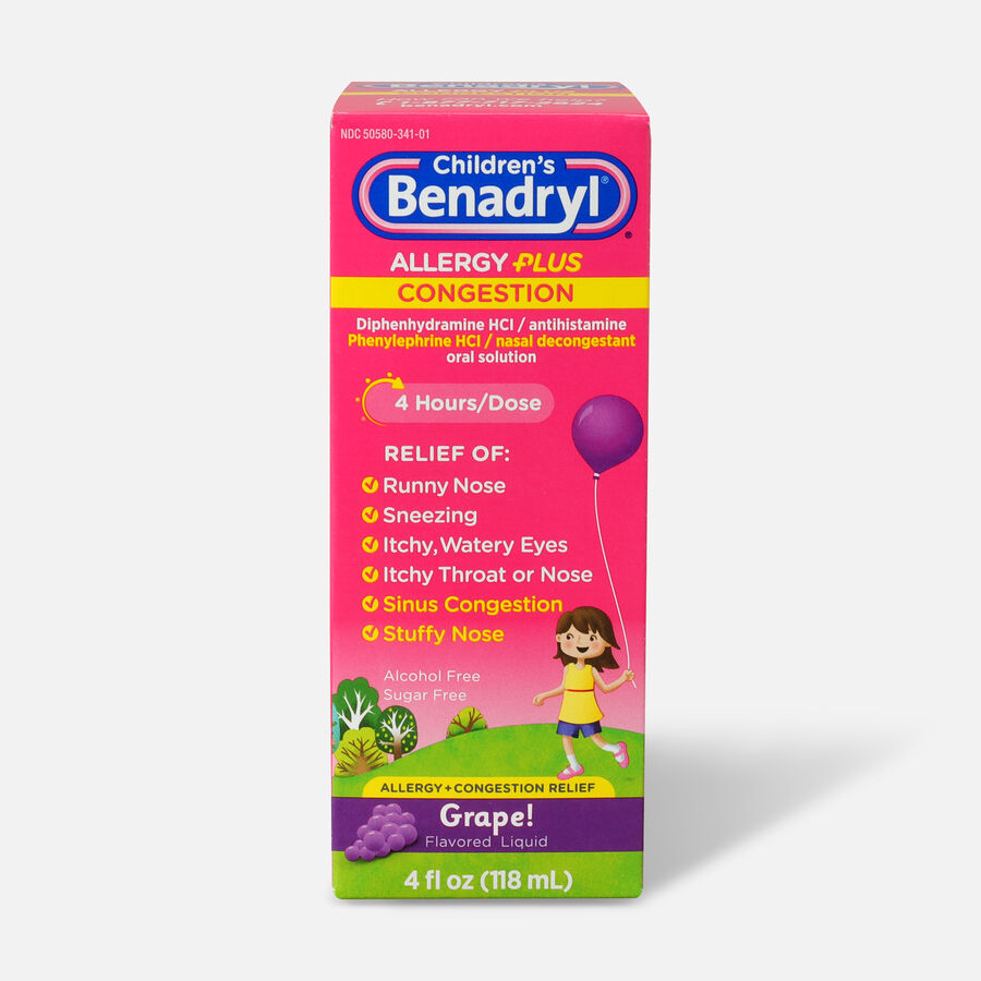 Benadryl-D Allergy & Sinus Liquid, Grape, 4 fl oz., , large image number 0