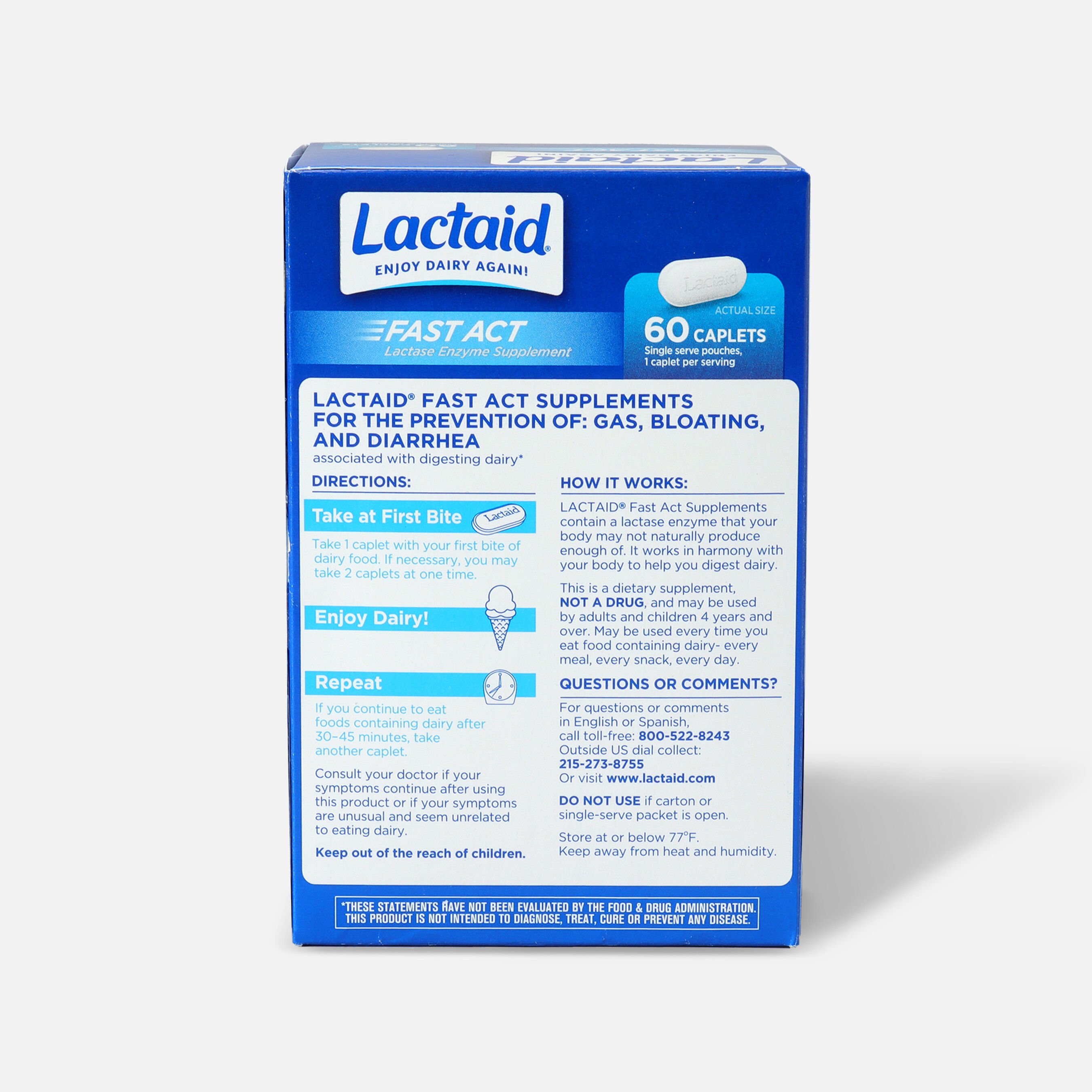 Lactaid Fast Act Lactase Enzyme Supplement, Caplets, 60 ea