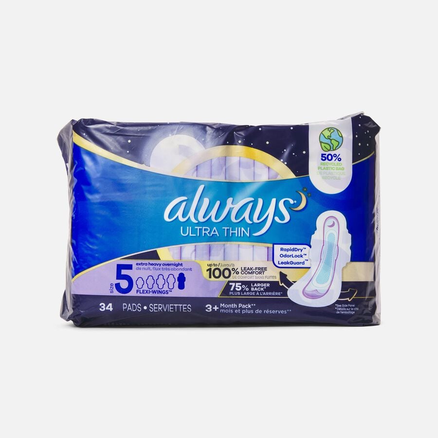 Always Ultra Thin Pads Extra Heavy Overnight Absorbency Unscented with Wings, Size 5, 34 ct., , large image number 0