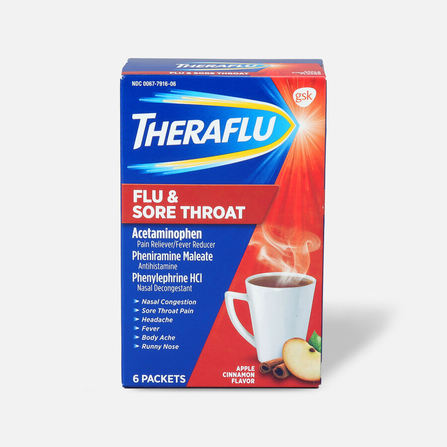 Theraflu Flu & Sore Throat Powder, Apple Cinnamon, 6 ct., , large image number 0