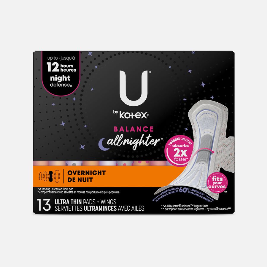 U by Kotex Balance Ultra Thin Overnight Pads with Wings, 13 ct., , large image number 0