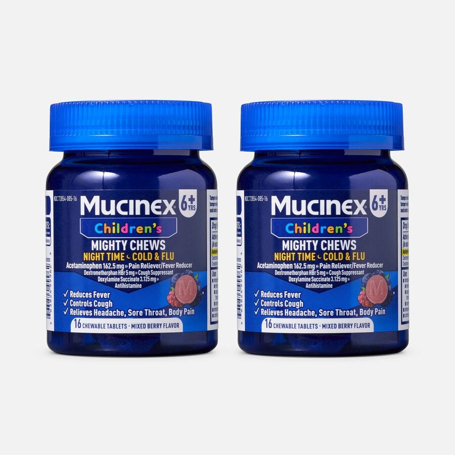 Mucinex Children's Mighty Chews Nighttime Cold & Flu, Mixed Berry, 16 ct. (2-Pack), , large image number 0