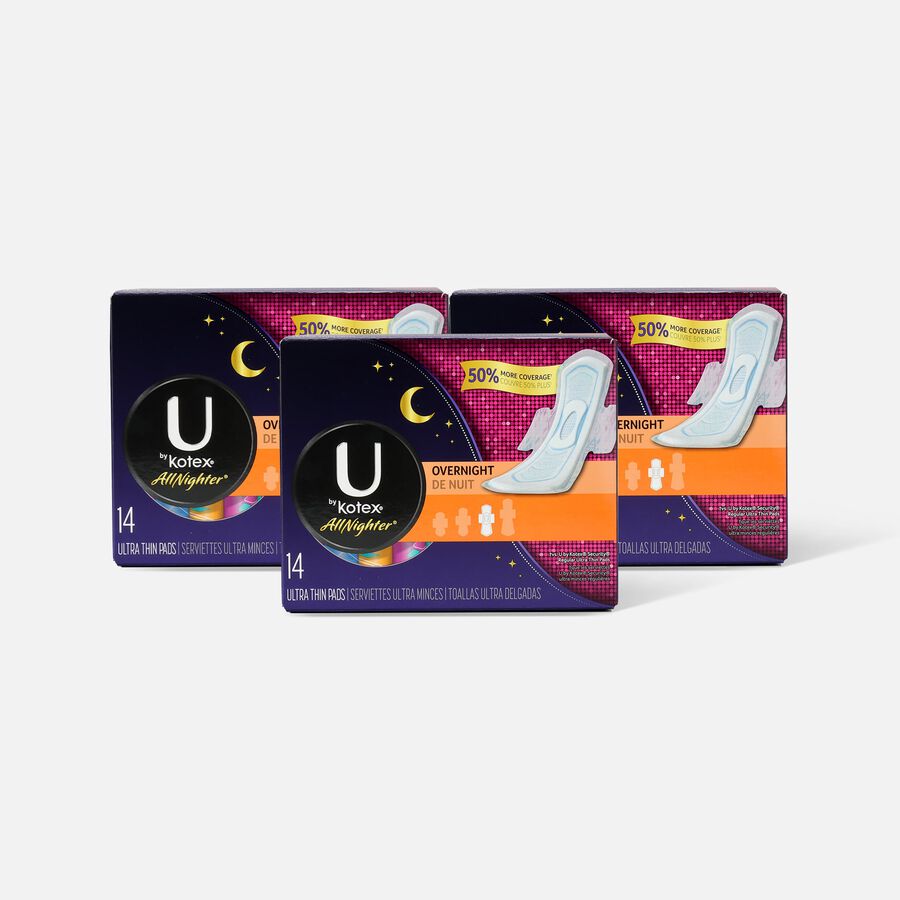 U by Kotex AllNighter Ultra Thin Overnight Pads with Wings, Unscented, 14 ct. (3-Pack), , large image number 0