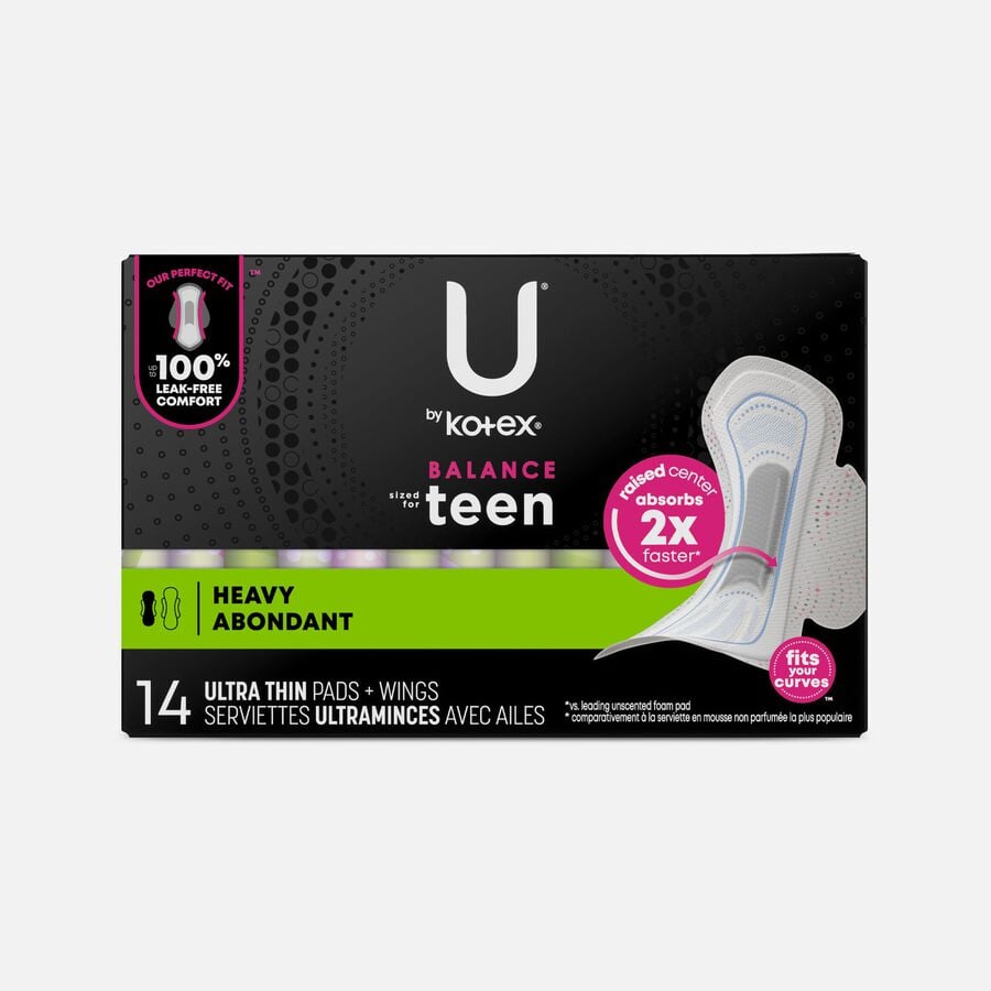 U by Kotex Balance Sized for Teens Ultra Thin Pads with Wings, Heavy Absorbency, 14 ct., , large image number 0