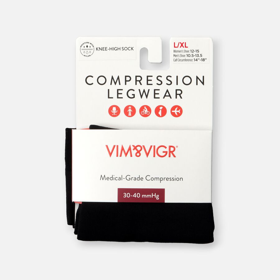 VIM & VIGR Moisture-Wick Nylon Compression Socks, Solid Black, Wide Calf, 30-40 mmHg, , large image number 1