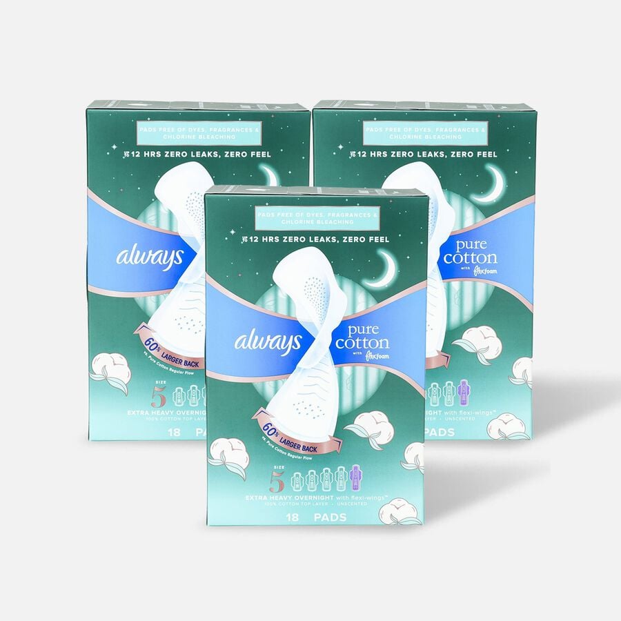 Always Pure Cotton with FlexFoam Pads for Women Size 5 Extra Heavy Overnight Absorbency, with Wings, 18 ct. (3-Pack), , large image number 0