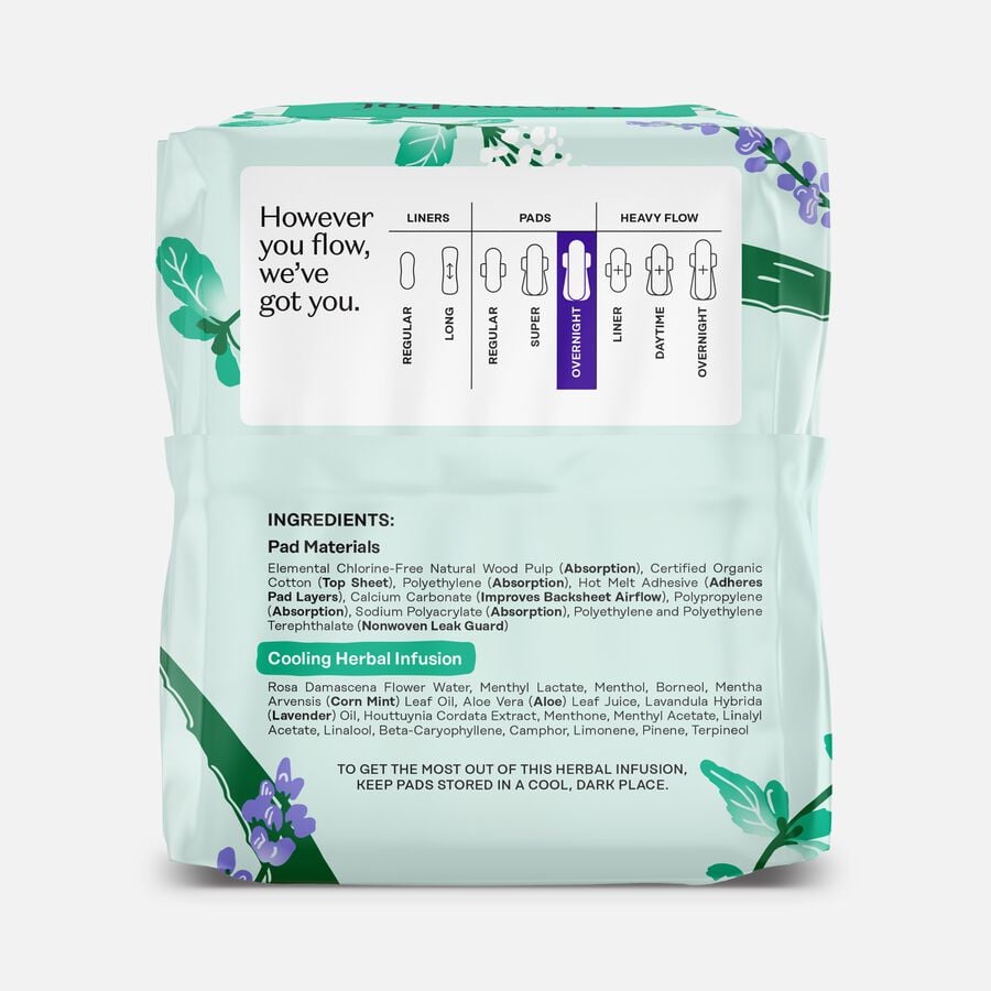 The Honey Pot 100% Organic Top Sheet Overnight Herbal Menstrual Pads with Wings, 12 ct., , large image number 1