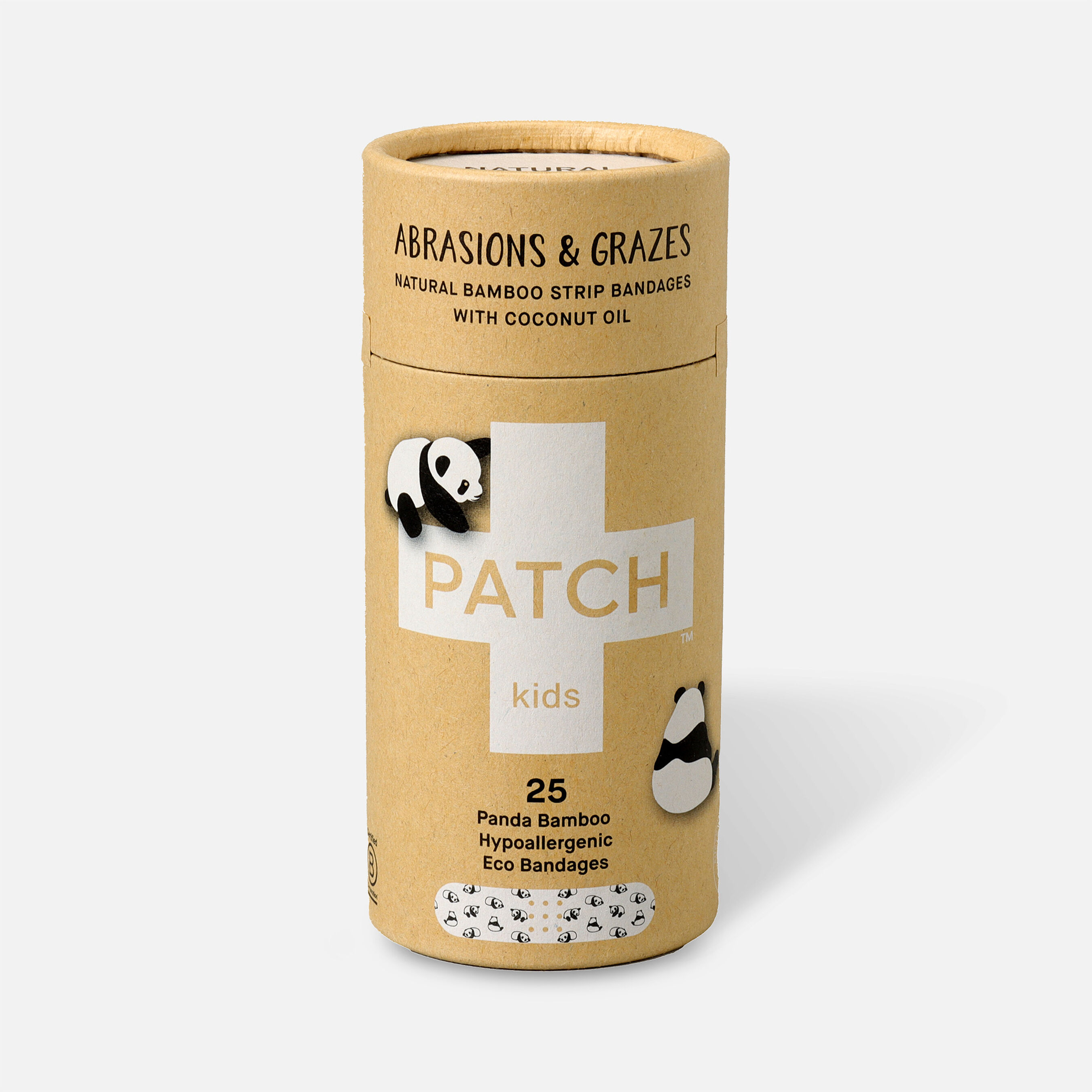 PATCH Kids Organic Bamboo Adhesive Strip Bandages with Coconut Oil, Panda Print 25ct