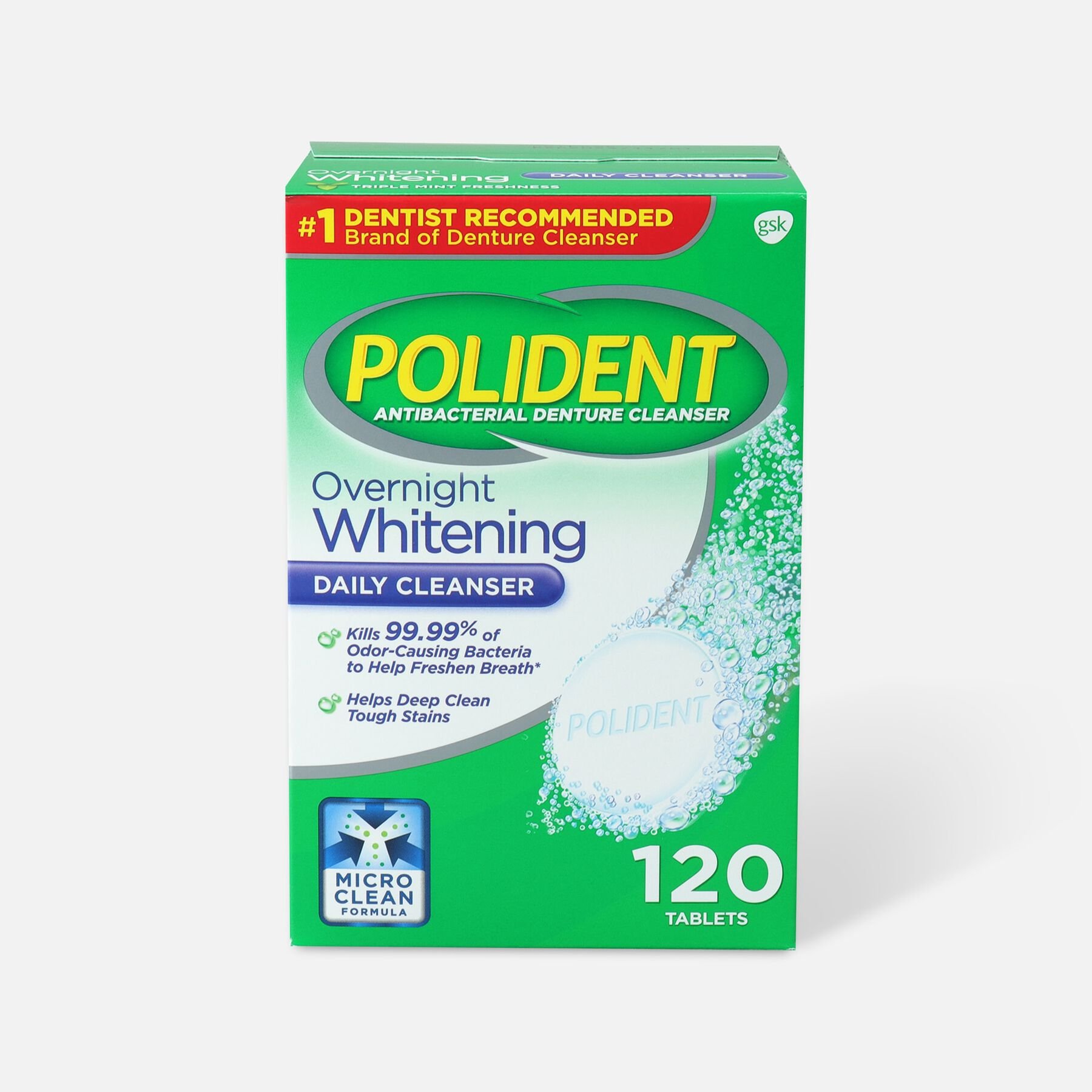 FSA Eligible Polident Overnight Whitening Antibacterial Denture Cleanser Tablets 120 ct. FSA