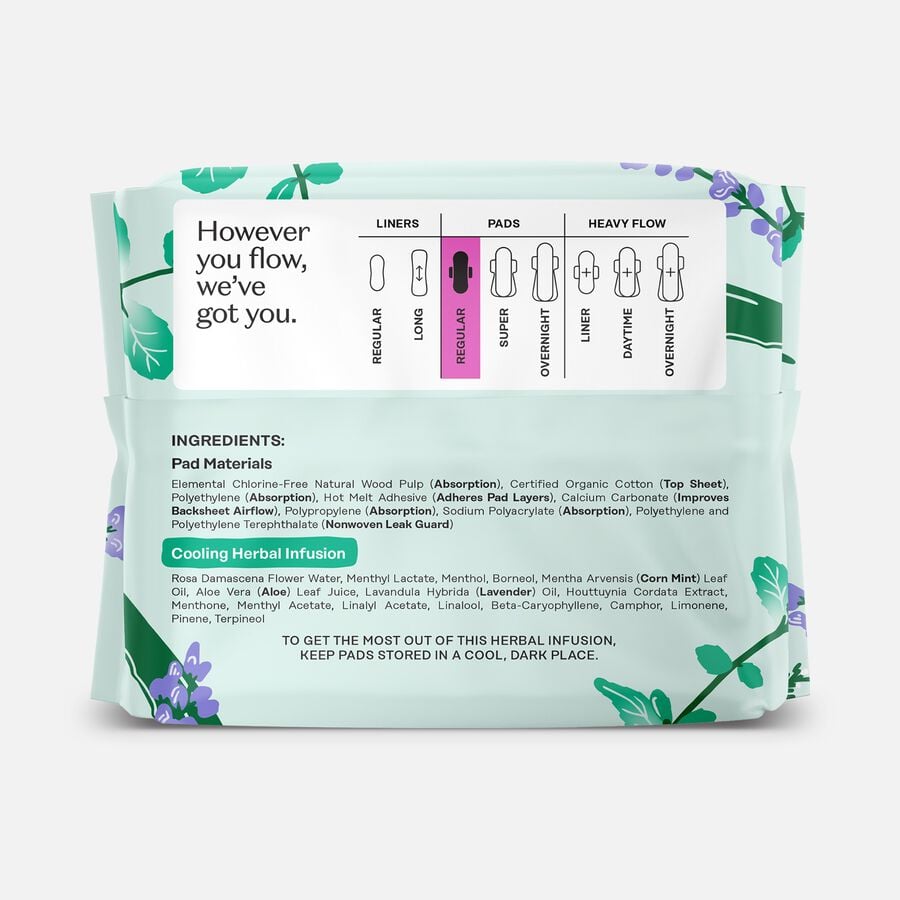The Honey Pot 100% Organic Cotton Cover Regular Menstrual Pads with Wings, Herbal, 20 ct., , large image number 1