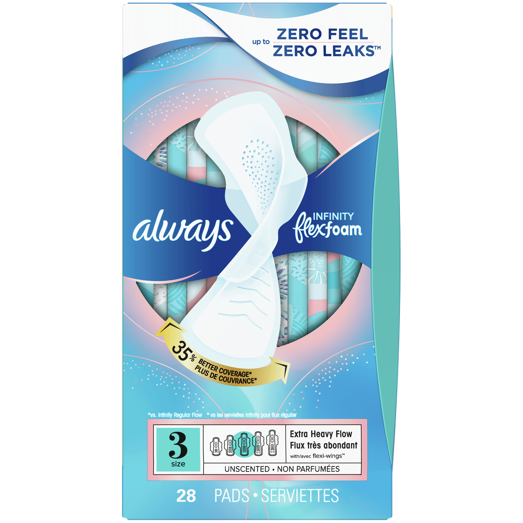 Always Infinity FlexFoam Pads for Women Size 2 Heavy Flow Absorbency, without Wings Unscented