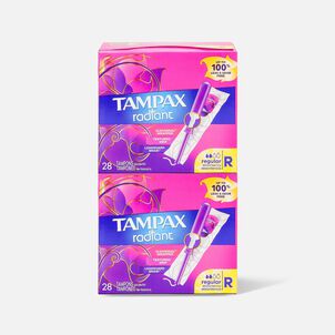 Tampax Radiant Tampons Regular Absorbency with BPA-Free Plastic Applicator and LeakGuard Braid, Unscented, 28 ct. (2-Pack)