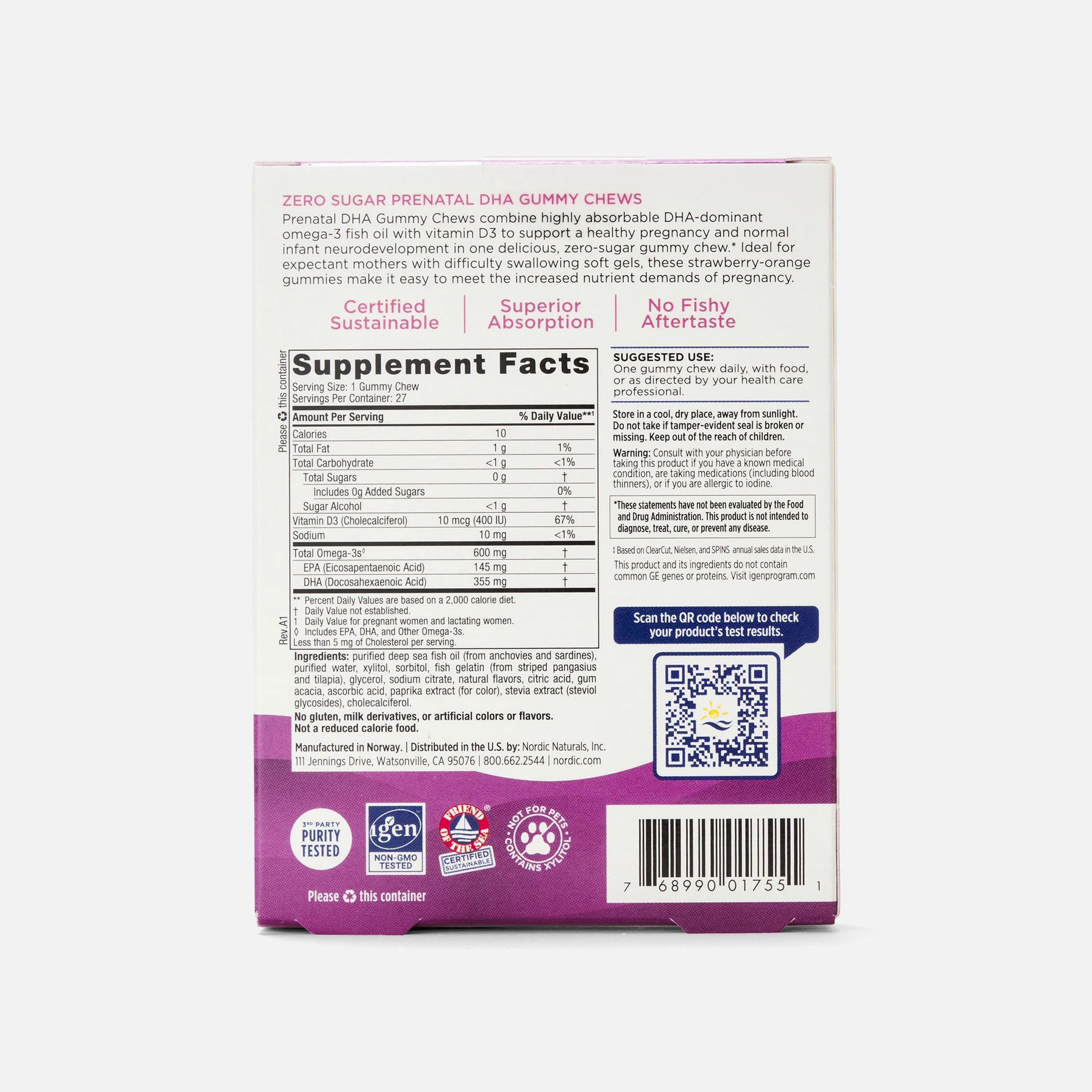 FSA Eligible Nordic Naturals Zero Sugar Prenatal DHA Gummy Chews, 27 ct