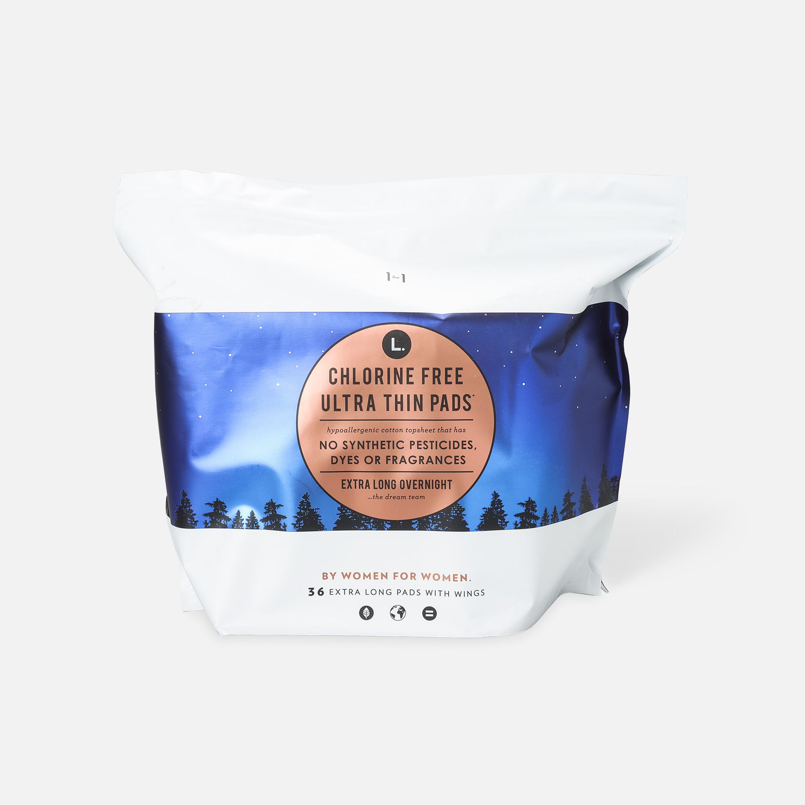 L. Chlorine Free Ultra Thin Overnight Absorbency Pads With Wings 36 Count