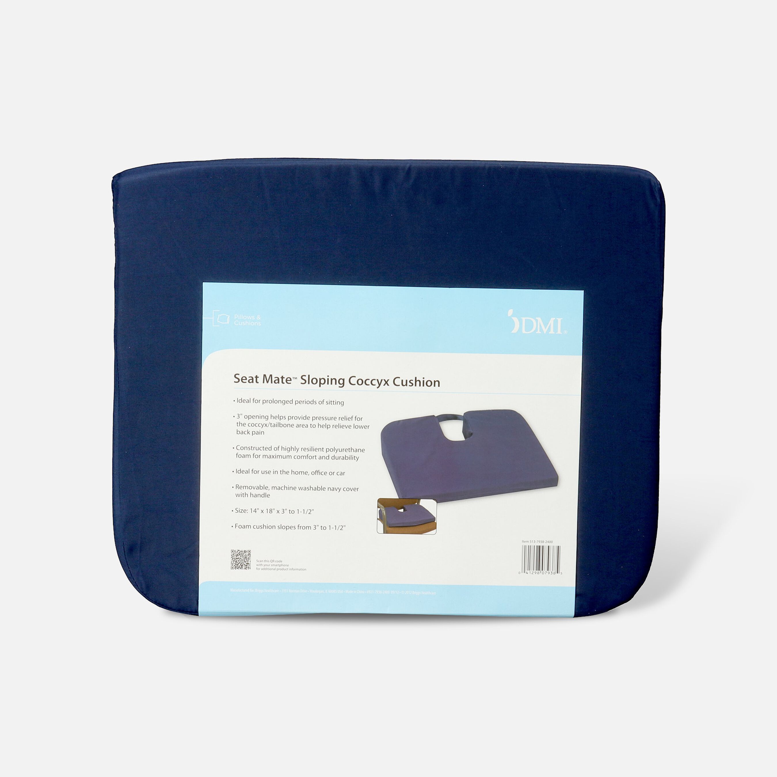 FSA Eligible Foam Seat Cushion for Coccyx Support, 18 x 14 x 1.5 to 3