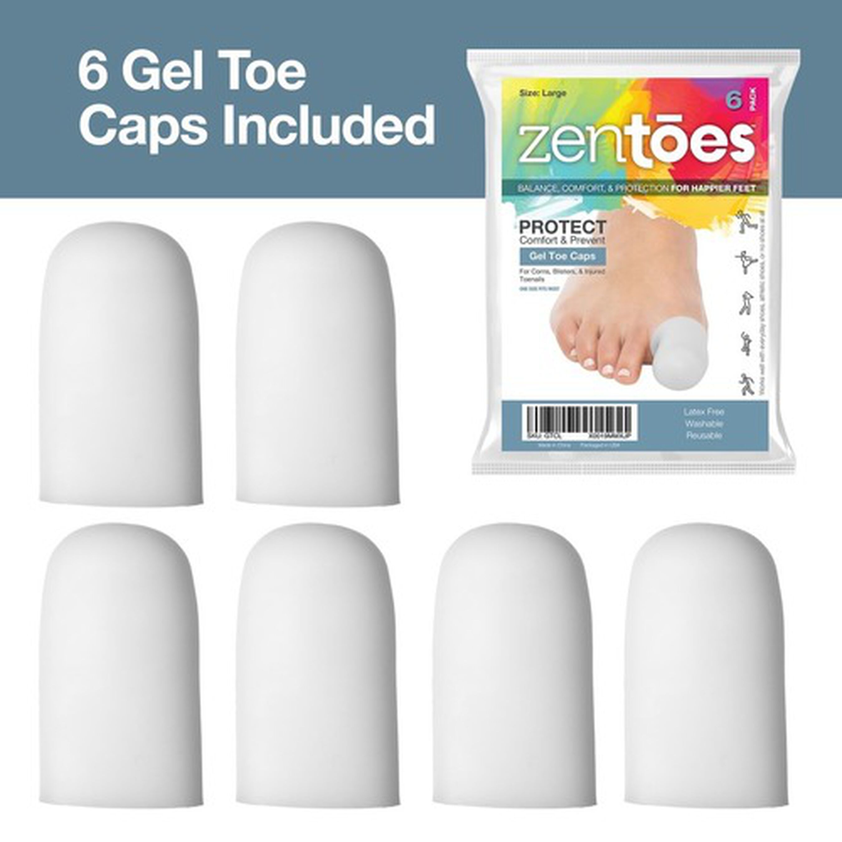 ZenToes Large Gel Toe Cap and Protector 6 Pack