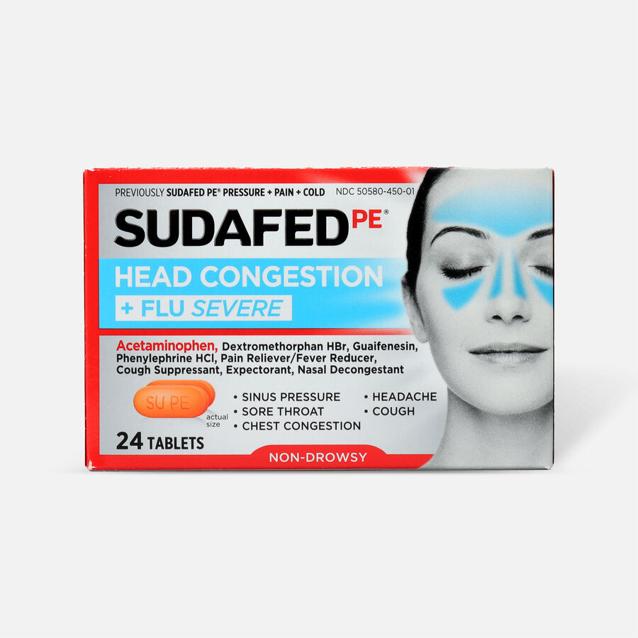 Sudafed PE Sinus Head Congestion + Flu Severe Non-Drowsy Tablets, 24 ct., , large image number 0