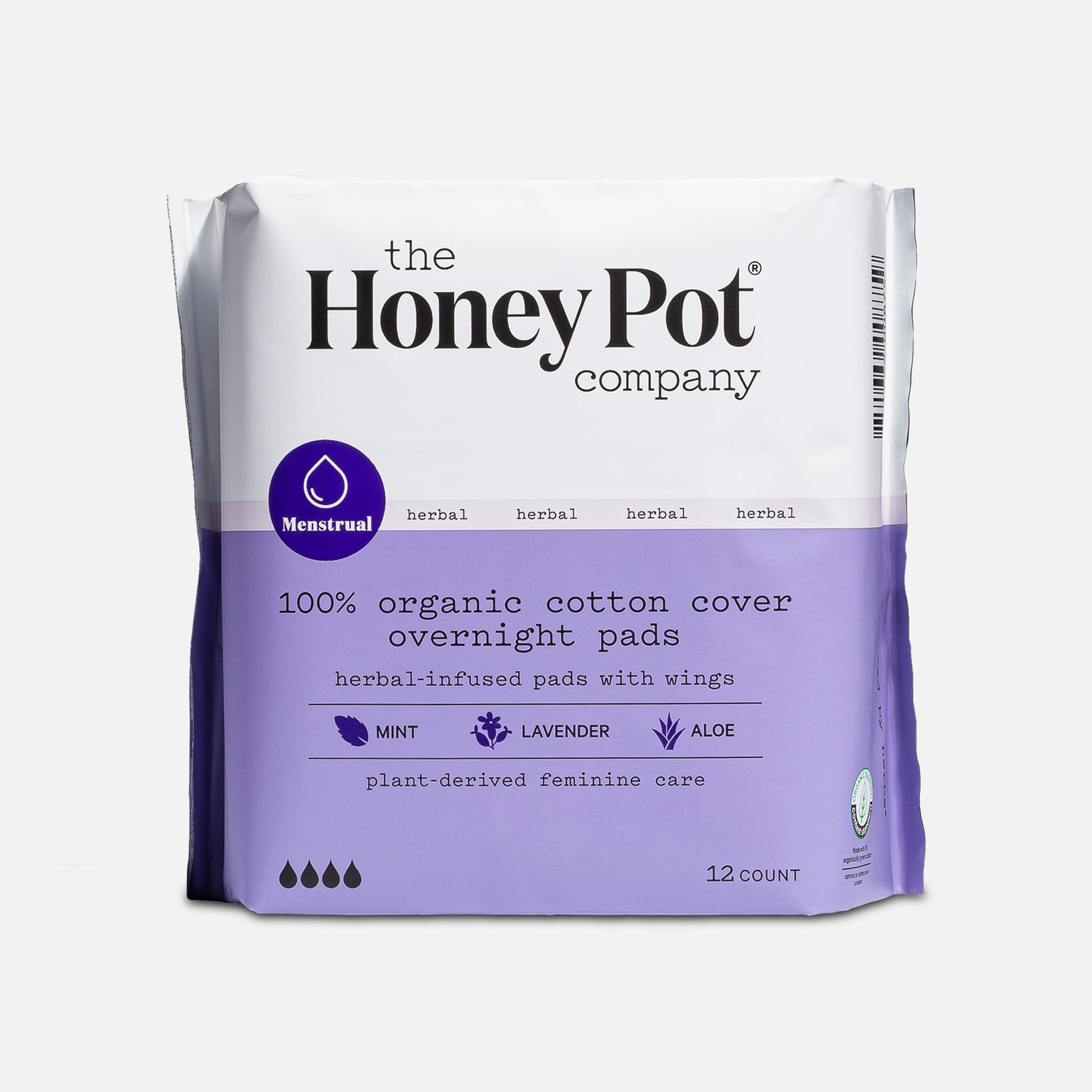 FSA Eligible The Honey Pot 100 Organic Top Sheet Overnight Herbal Menstrual Pads with Wings, 12